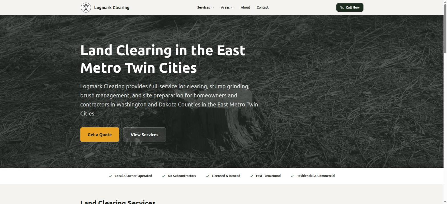 Logmark Clearing homepage, a land clearing contractor site built by North of Right