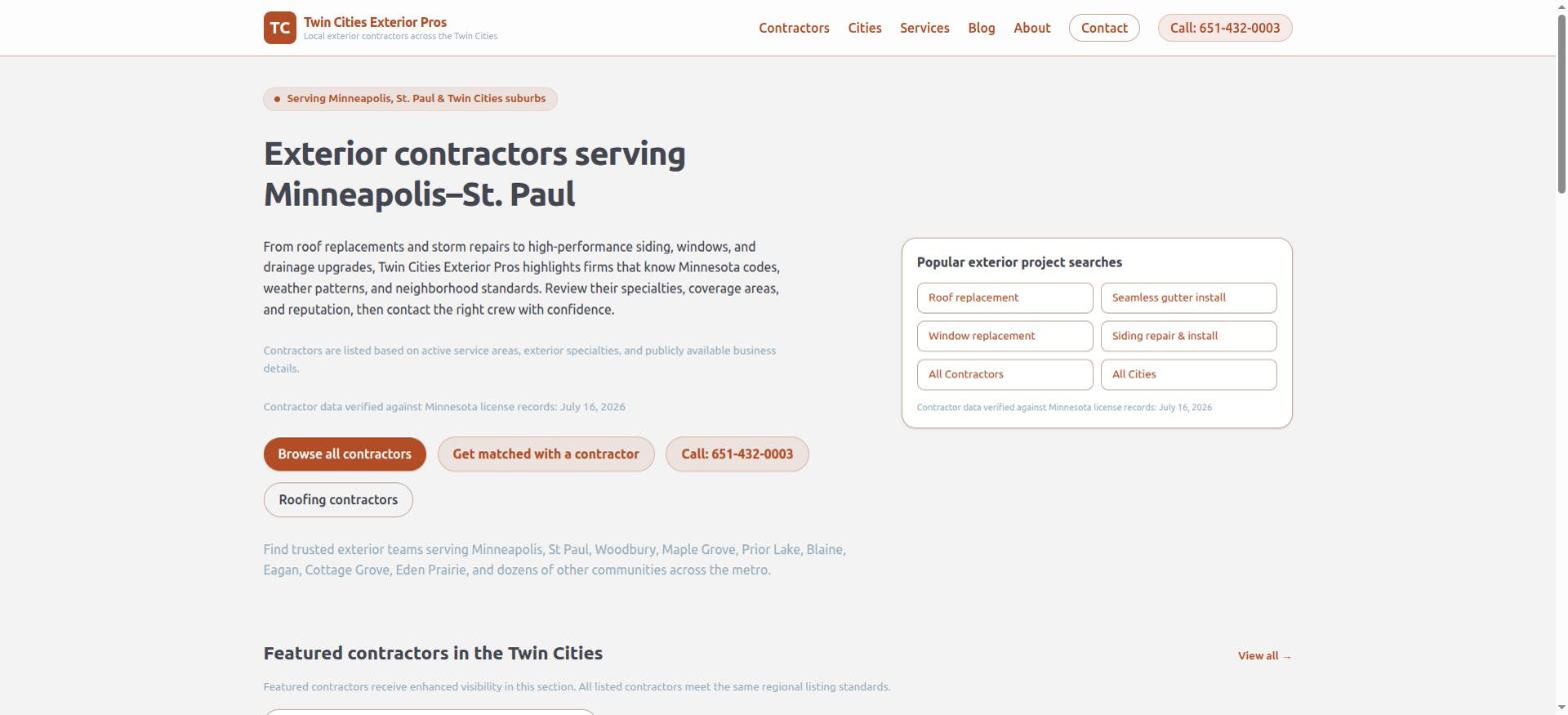 TC Exterior Pros homepage, an exterior contractor directory built by North of Right