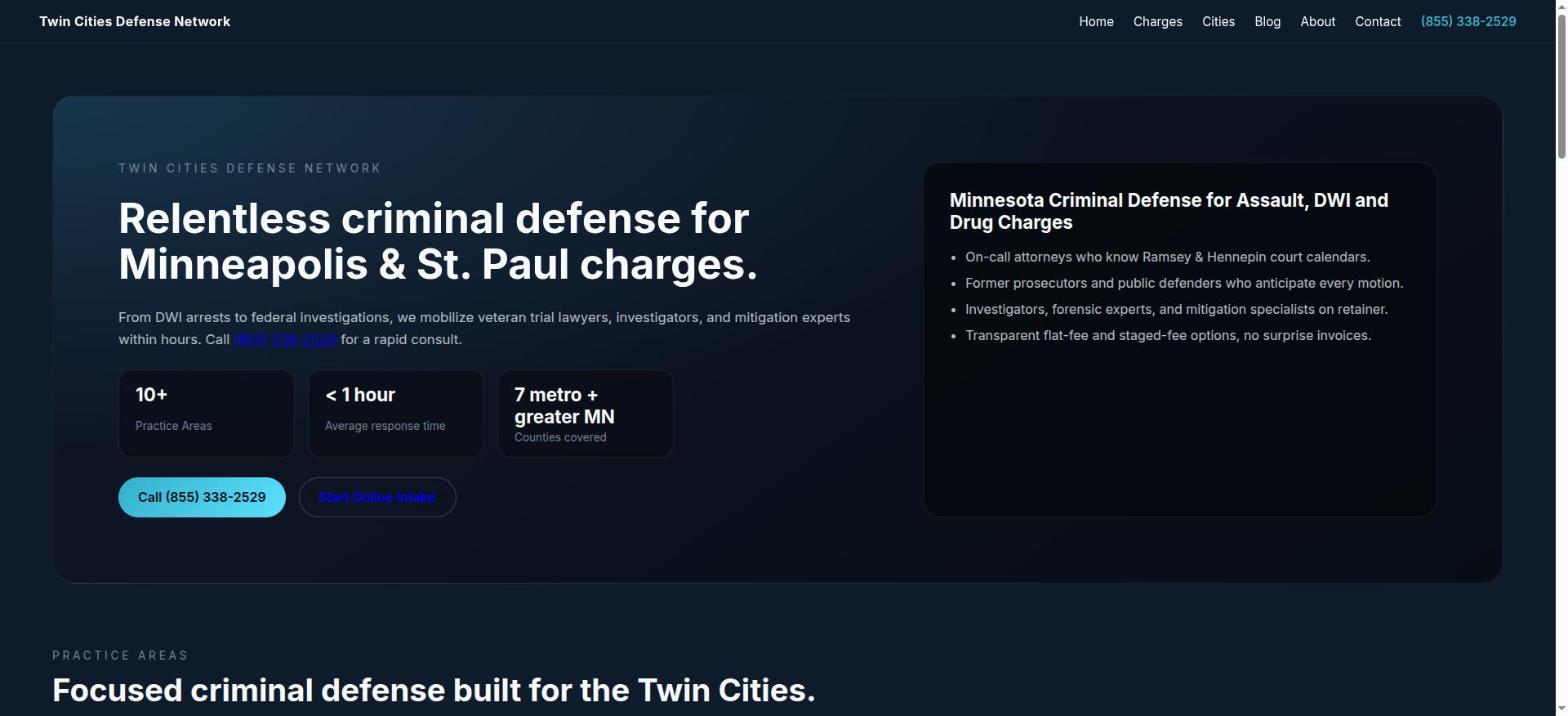 Twin Cities Defense Network homepage, a criminal defense attorney directory built by North of Right
